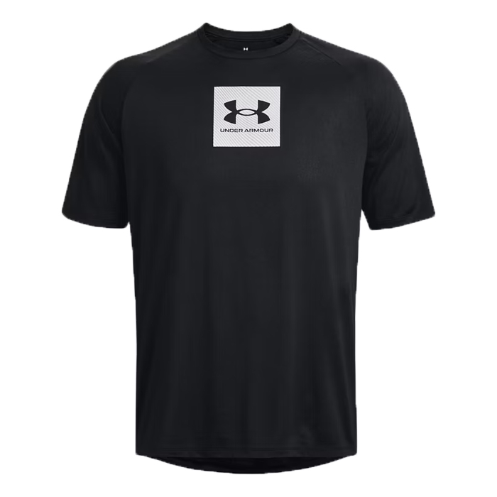 Black short-sleeved T-shirt with a square Under Armour logo on the chest.