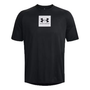Black short-sleeved T-shirt with a square Under Armour logo on the chest.
