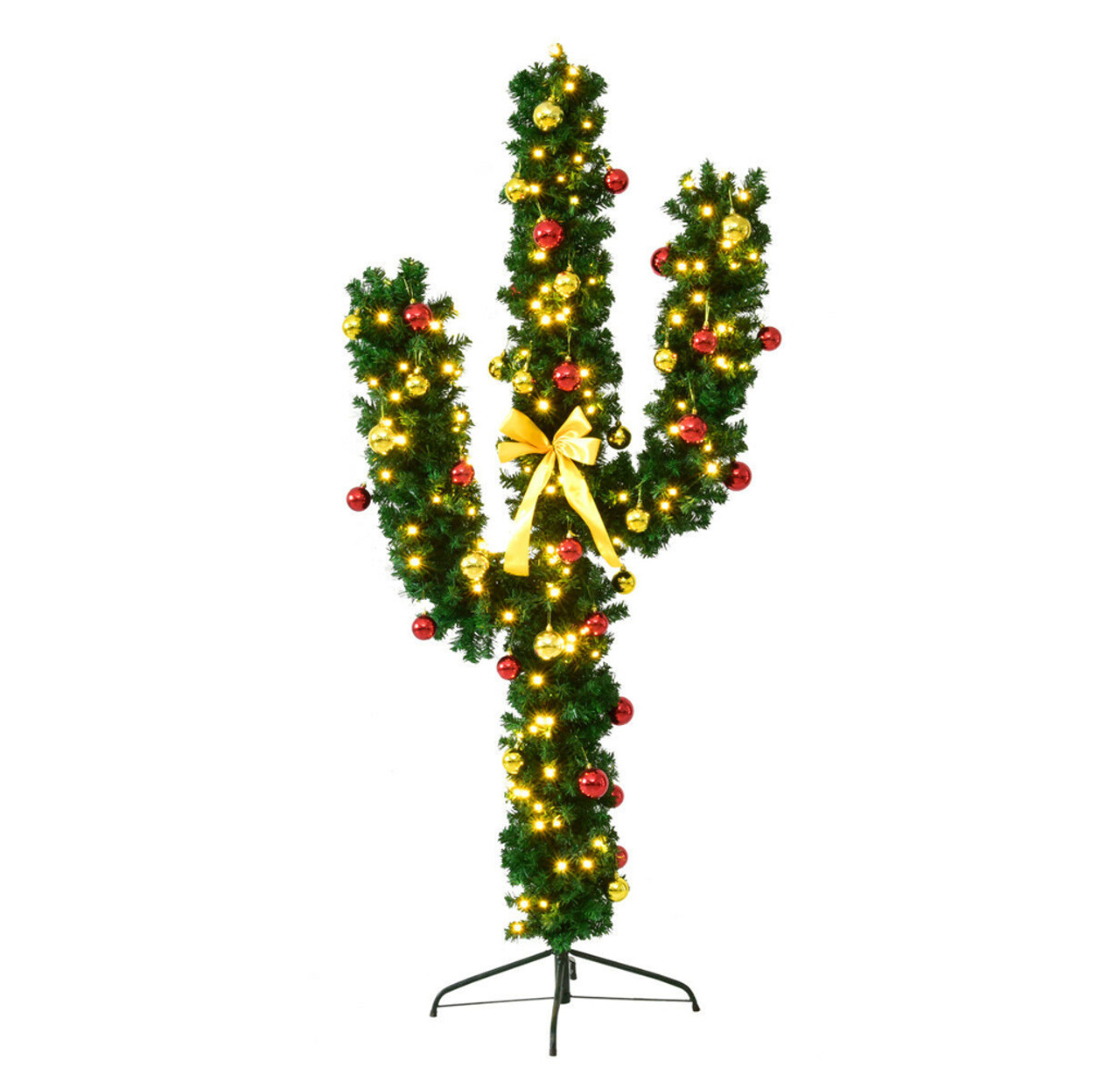 Cactus-shaped artificial Christmas tree decorated with gold and red ornaments, warm white lights, and a yellow ribbon, on a metal stand.