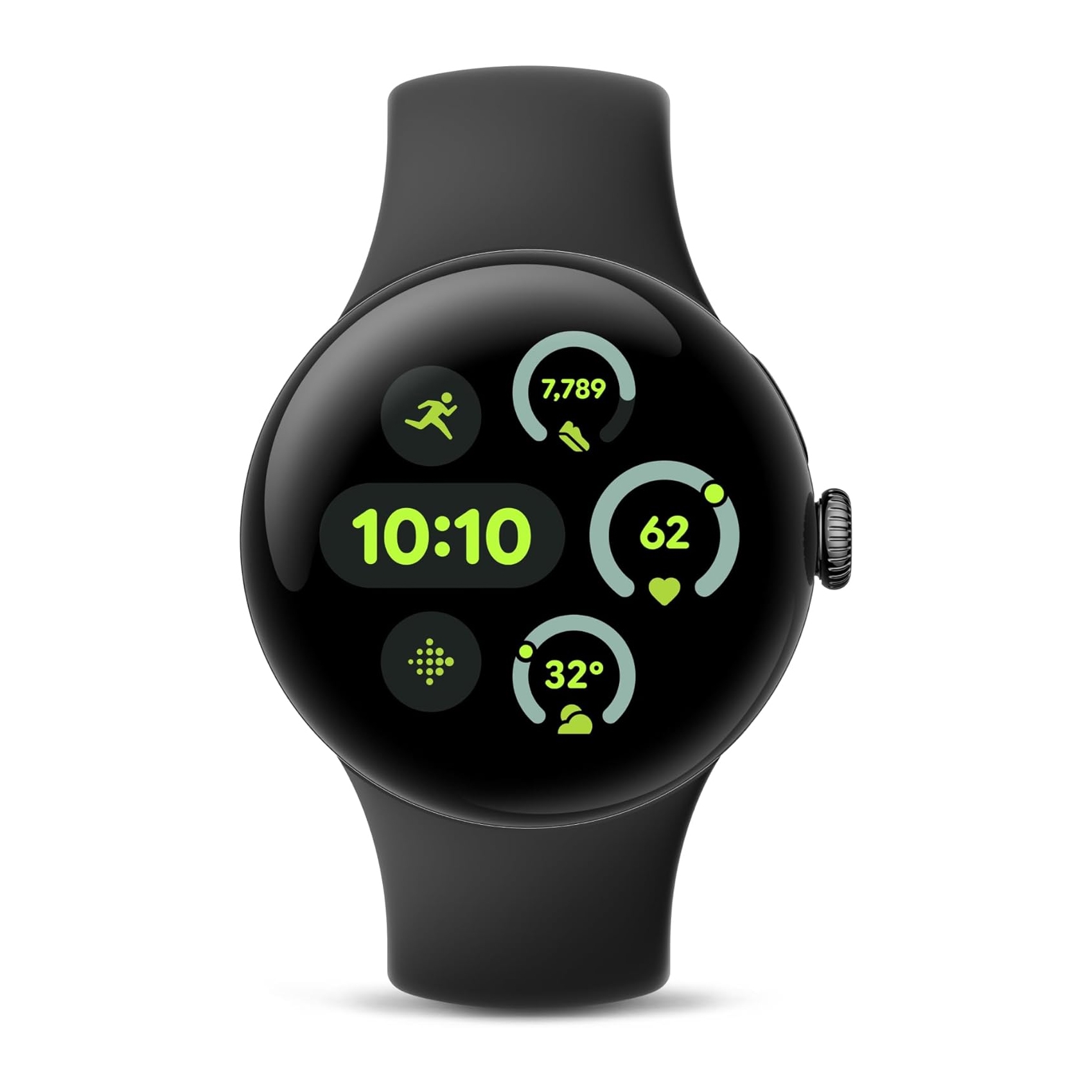A round smart watch with a black band displays the time as 10:10 and various health and fitness metrics, including steps, heart rate, and temperature.