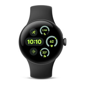 A round smart watch with a black band displays the time as 10:10 and various health and fitness metrics, including steps, heart rate, and temperature.