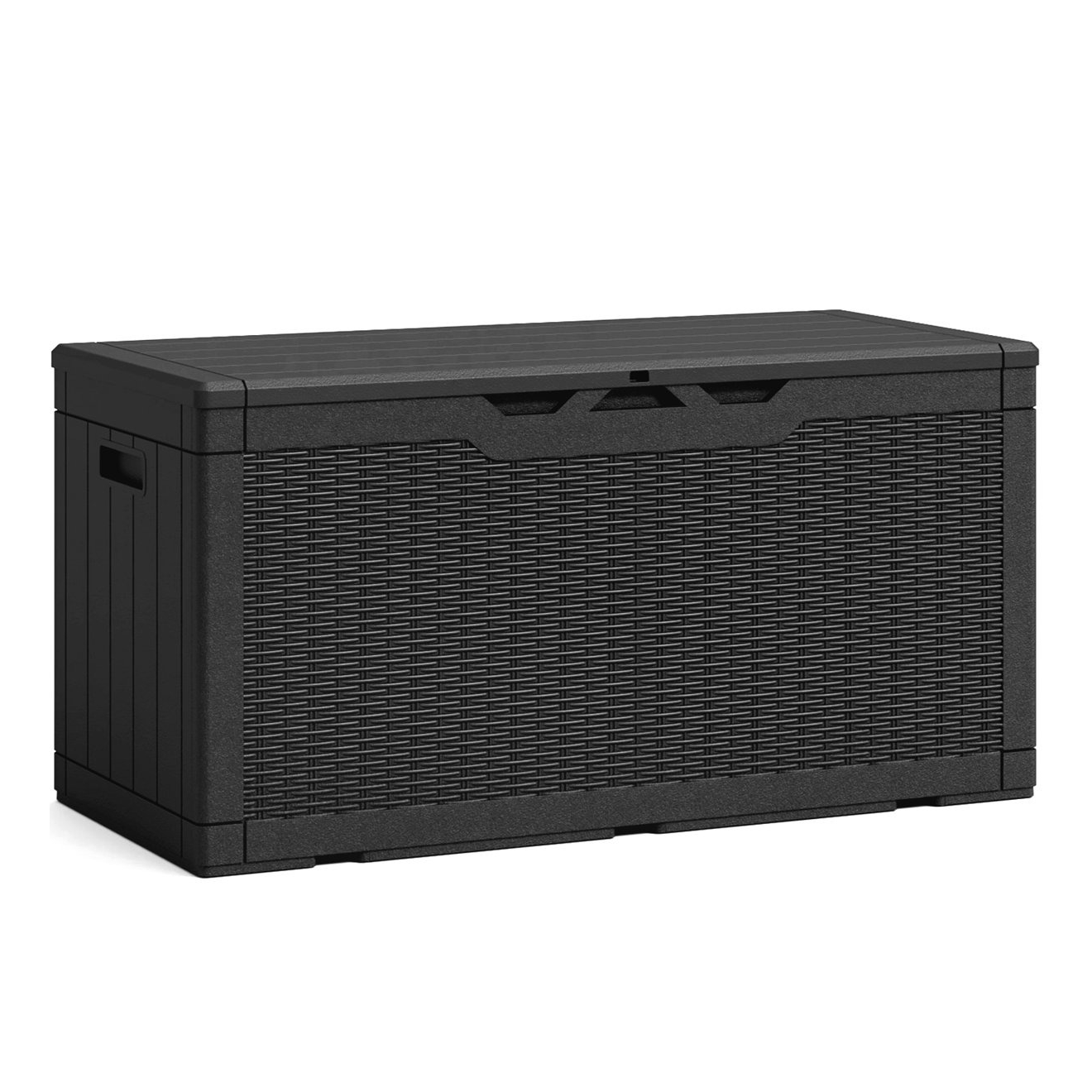 Outdoor storage box with a wicker-style design, featuring a lockable lid and side handles for easy carrying.