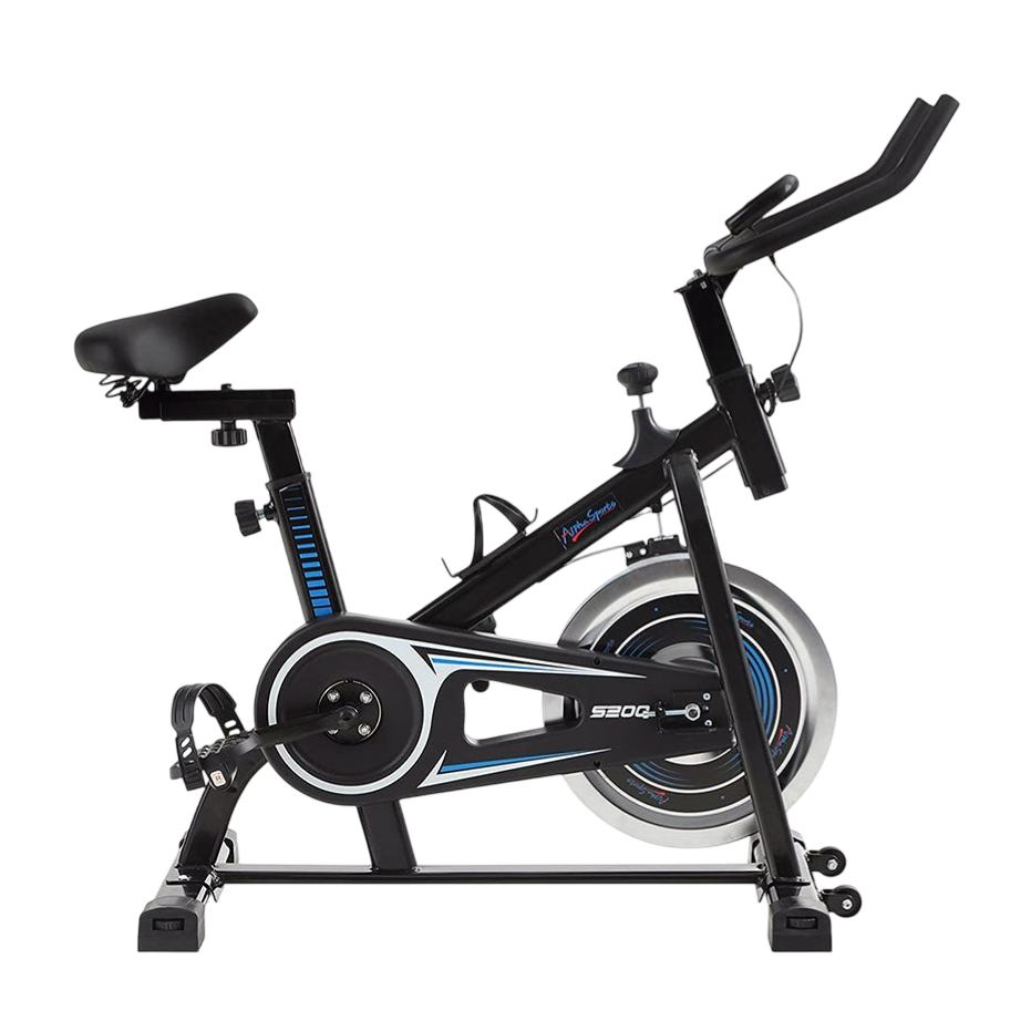 A stationary exercise bike with adjustable seat and handlebars, featuring a flywheel and pedal straps.