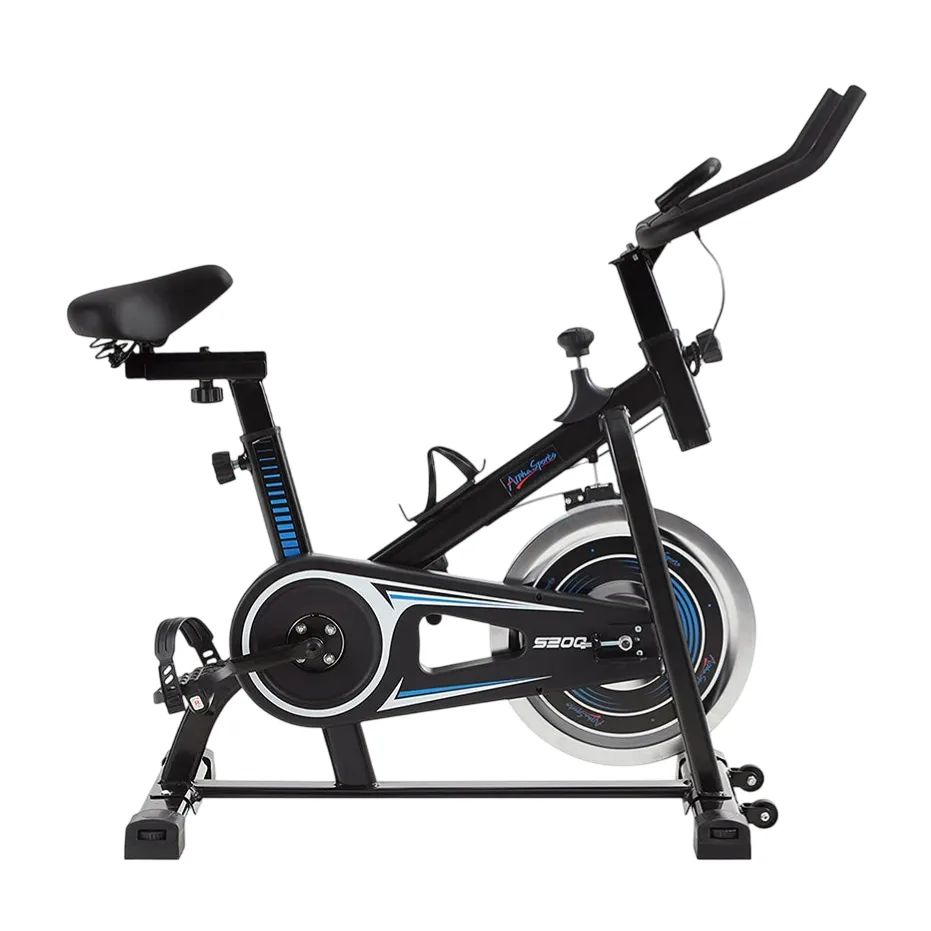 A stationary exercise bike with adjustable seat and handlebars, featuring a flywheel and pedal straps.