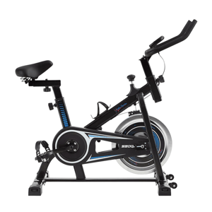 A stationary exercise bike with adjustable seat and handlebars, featuring a flywheel and pedal straps.