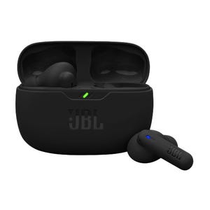 JBL wireless earbuds in black with a charging case, featuring visible LED indicators.