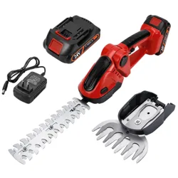 Red cordless electric hedge trimmer with interchangeable blades, rechargeable battery, and charger.