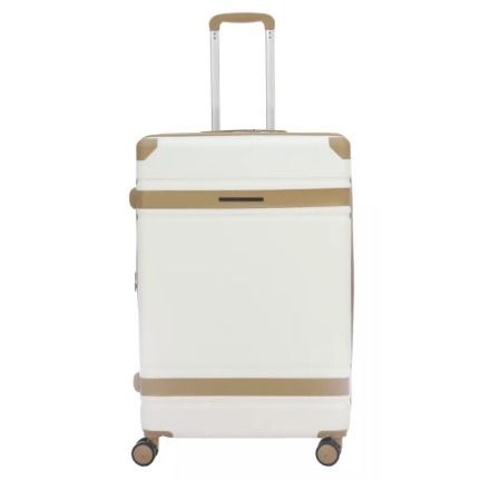 A white hard-shell suitcase with tan accents, featuring four wheels and a telescopic handle.