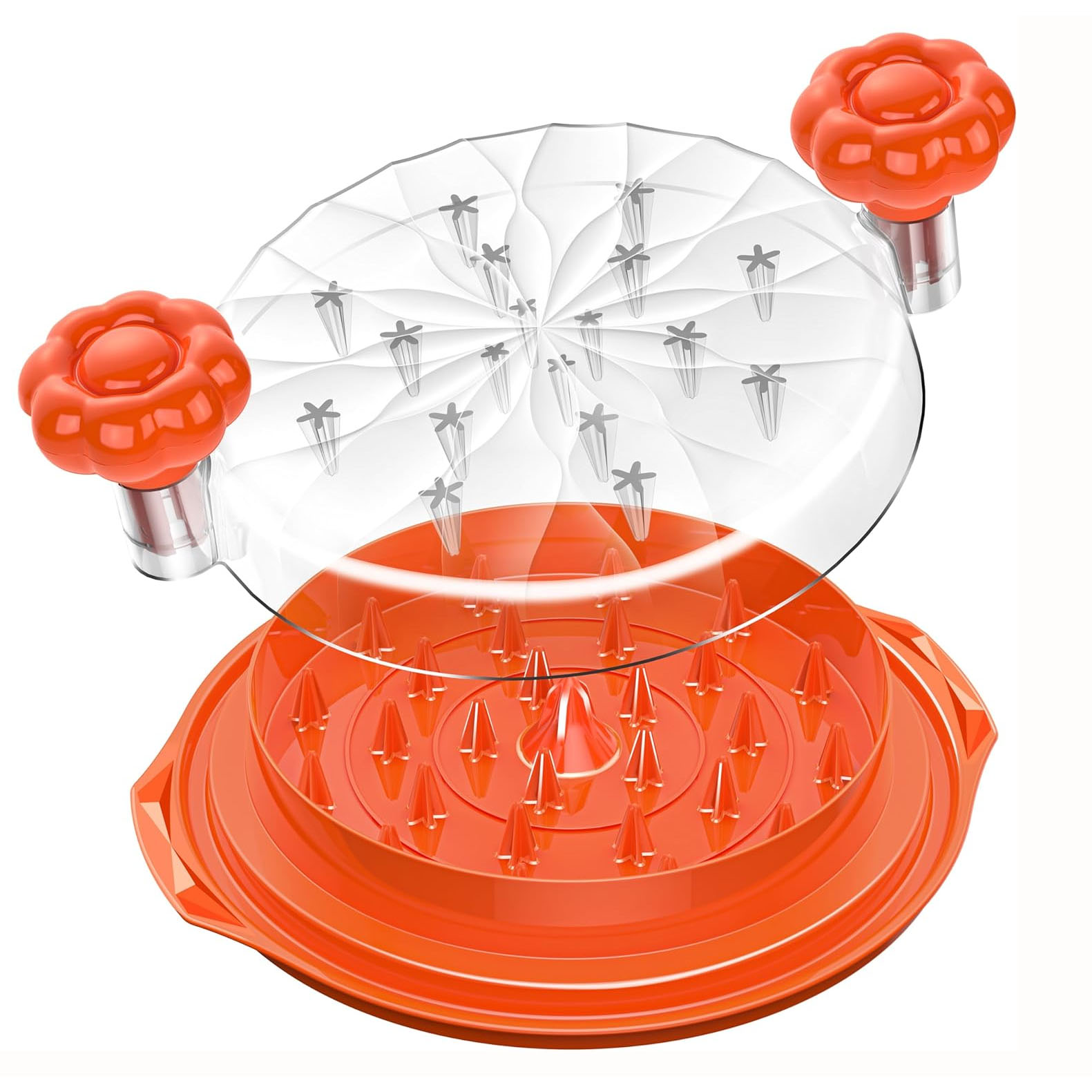 Large chicken shredder with orange base and triangular prongs, featuring a clear top cover with flower-shaped handles for grip.