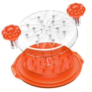 Large chicken shredder with orange base and triangular prongs, featuring a clear top cover with flower-shaped handles for grip.