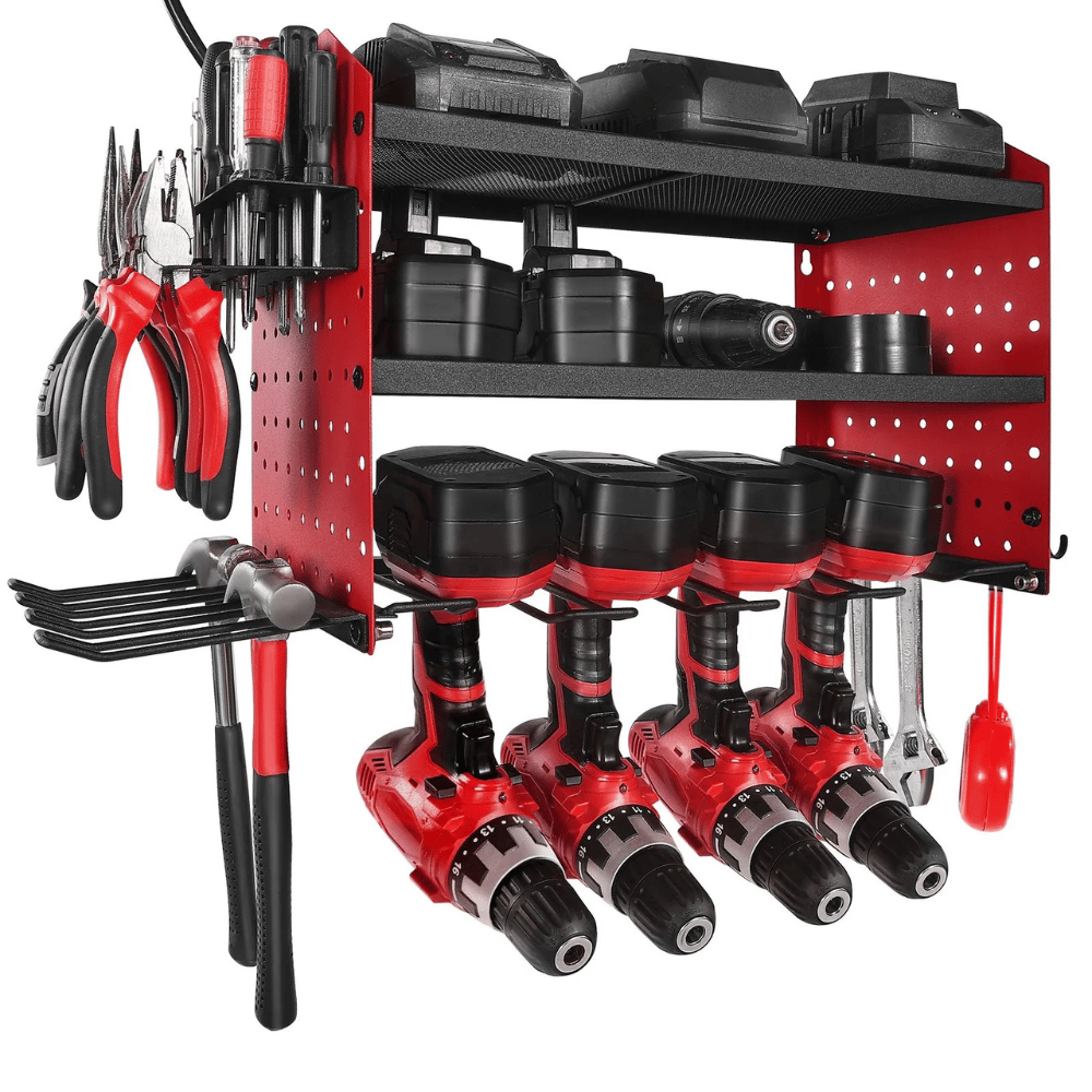Red and black wall-mounted tool organizer holding drills, pliers, screwdrivers, batteries, and a hammer.
