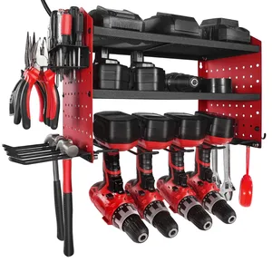 Red and black wall-mounted tool organizer holding drills, pliers, screwdrivers, batteries, and a hammer.