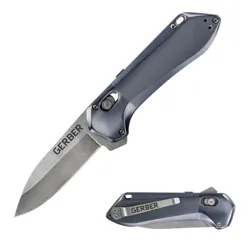 A Gerber folding knife with a metallic blue handle and \“GERBER\“ engraved on the blade. The knife features a pocket clip and thumb stud for easy opening and carrying.