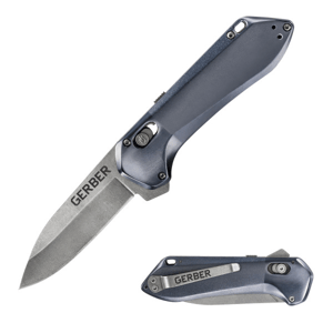 A Gerber folding knife with a metallic blue handle and \“GERBER\“ engraved on the blade. The knife features a pocket clip and thumb stud for easy opening and carrying.