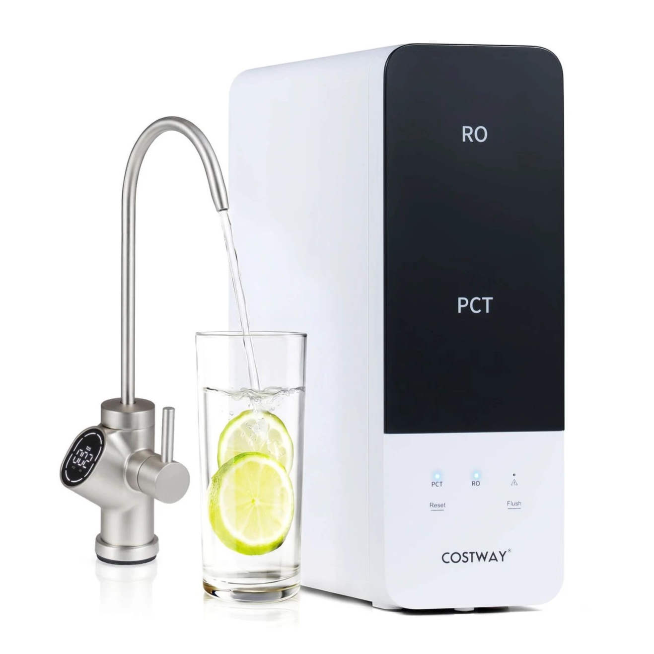 A countertop water purifier with RO and PCT filtration is shown, dispensing water into a glass containing lime slices. The device features a sleek design and is branded as Costway.