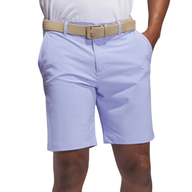 Light blue Adidas Ultimate Golf Shorts with a clean, tailored fit, front and back pockets, and a tan woven belt.