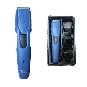 Blue Syska trimmer with textured grip, shown alongside various clipper attachments in a molded case.