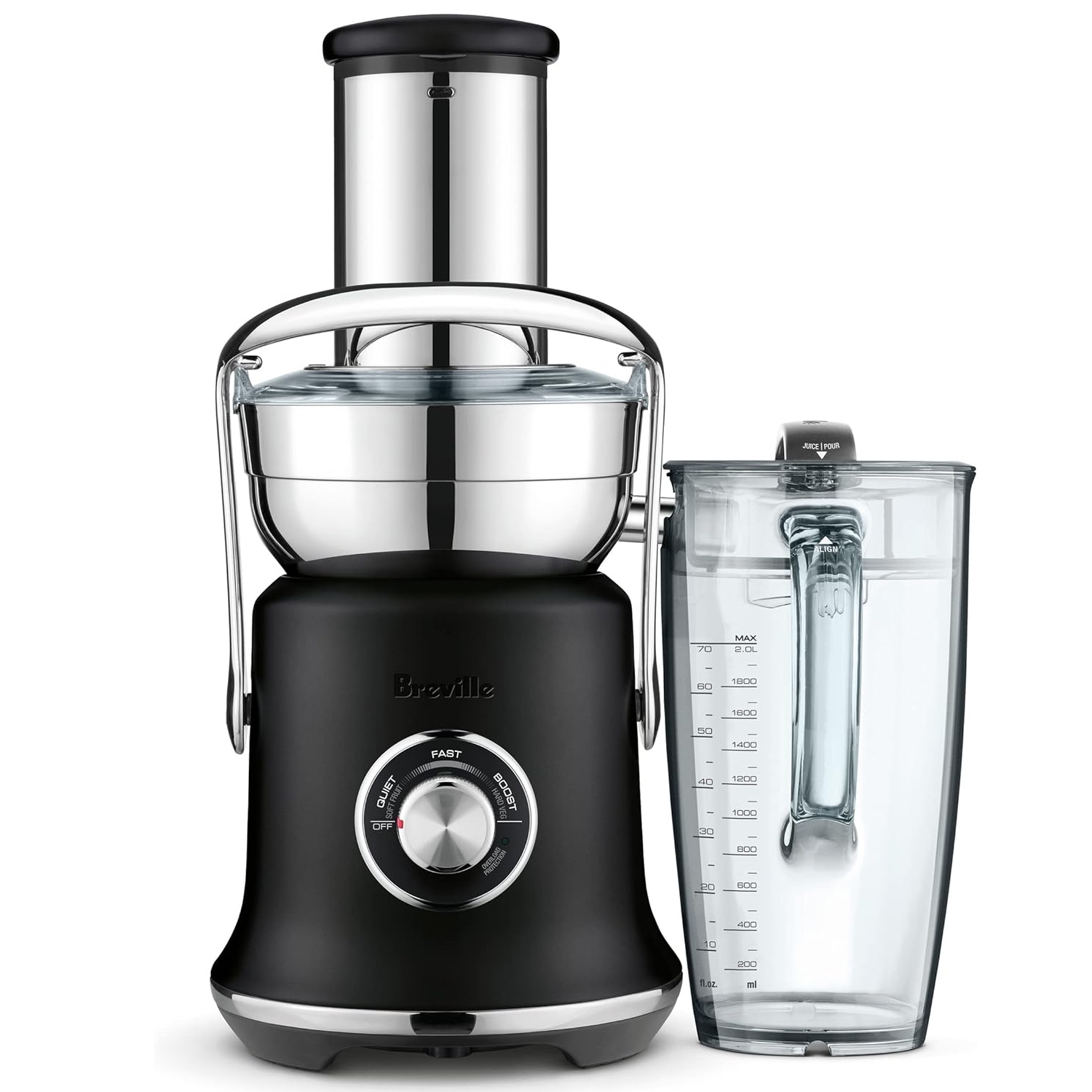 A sleek black and stainless steel Breville juicer with a dial featuring settings for Off, Quiet, Fast, and Boost, alongside a clear measuring jug.