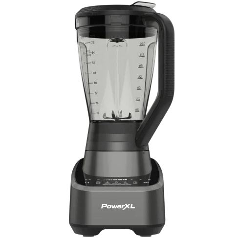 A PowerXL blender with a clear, graduated pitcher and a sturdy, dark-colored base featuring various controls.