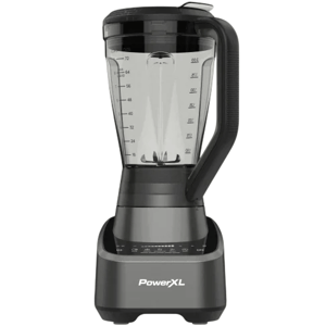 A PowerXL blender with a clear, graduated pitcher and a sturdy, dark-colored base featuring various controls.