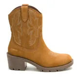 Tan suede boot with decorative stitching, block heel, and pull tab. Suitable for casual or semi-formal wear.