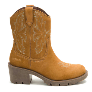 Tan suede boot with decorative stitching, block heel, and pull tab. Suitable for casual or semi-formal wear.
