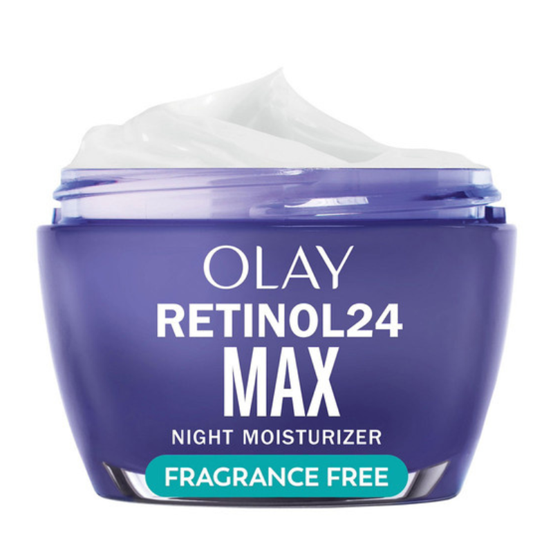 Olay Retinol24 Max Night Moisturizer in a purple jar labeled \“Fragrance Free\“ offers night skincare with retinol.