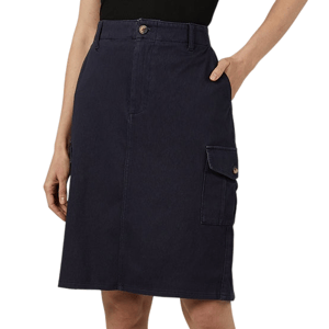 A navy blue knee-length cargo skirt with a button and zip closure. It features belt loops and a side pocket with a flap and button.
