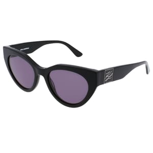 Black cat-eye sunglasses with purple tinted lenses.