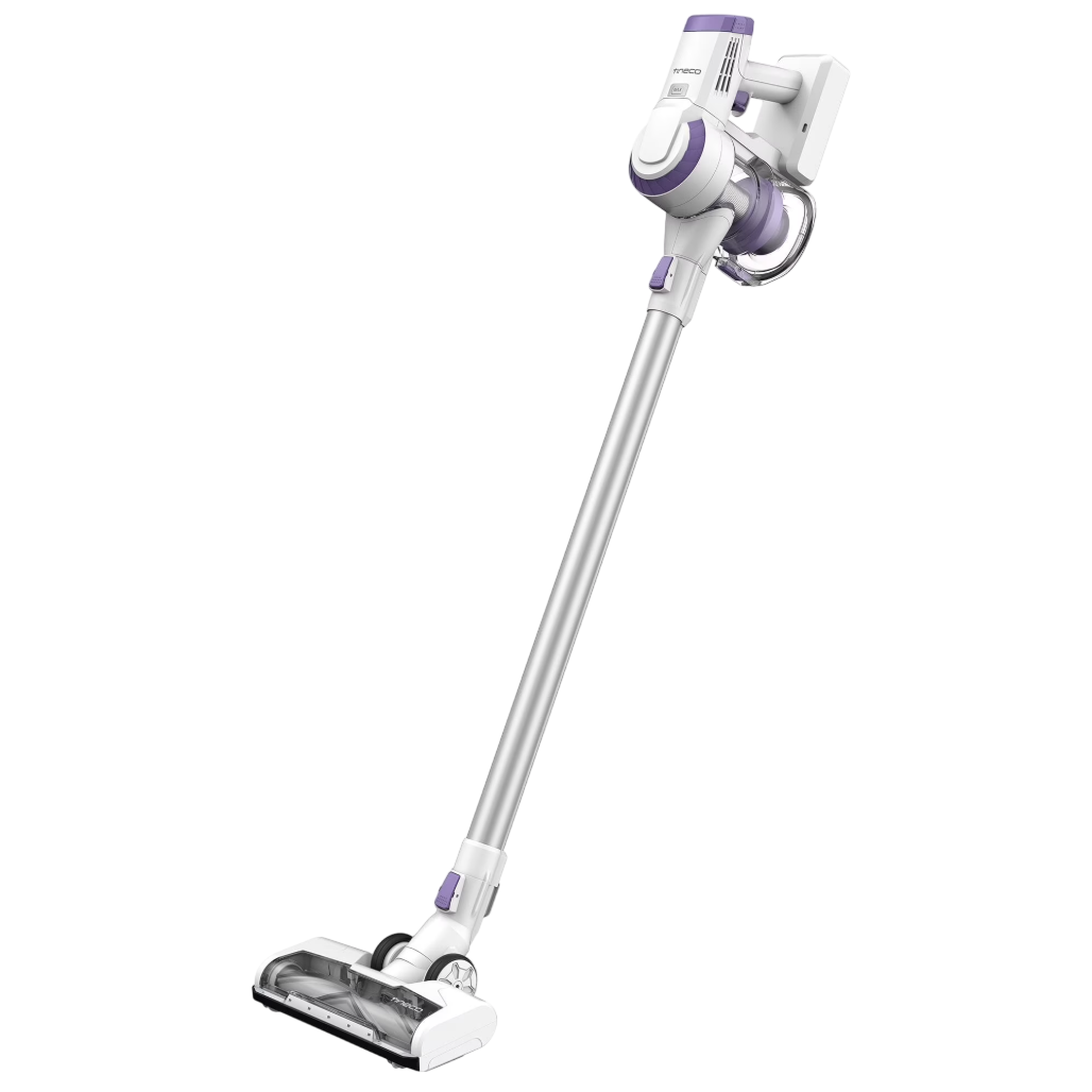 A cordless stick vacuum cleaner with a sleek white and purple design, featuring a long handle and motorized cleaning head.