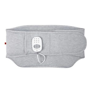 The Sharper Image Heated Back Massager is a grey wearable device featuring adjustable heating and massage settings, controlled by an attached remote. It is designed to wrap around the lower back for comfort and relief.