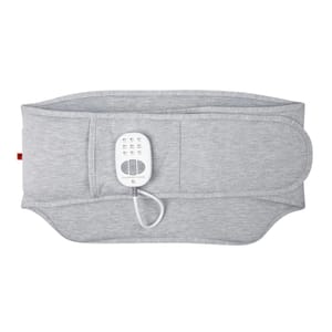 The Sharper Image Heated Back Massager is a grey wearable device featuring adjustable heating and massage settings, controlled by an attached remote. It is designed to wrap around the lower back for comfort and relief.