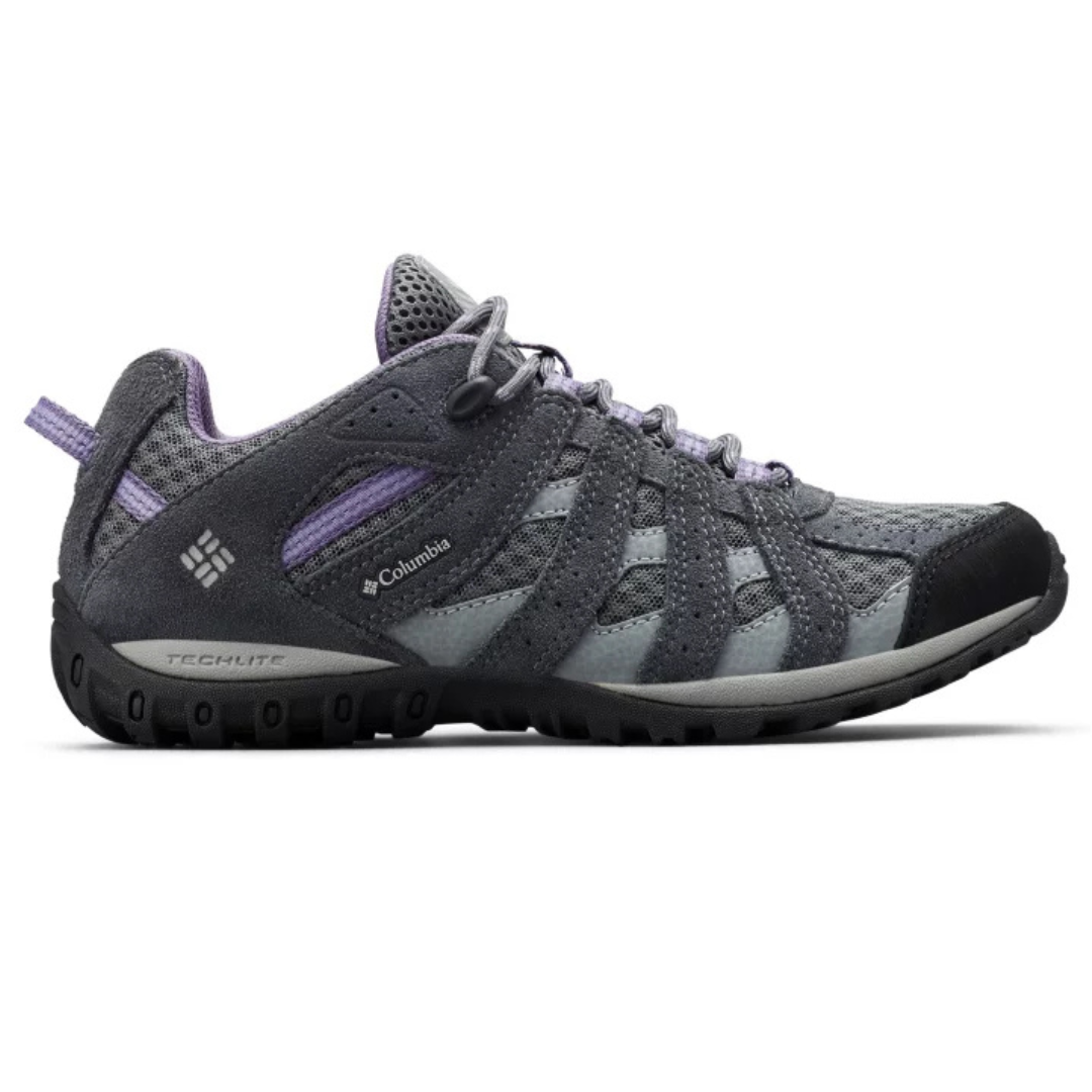Columbia athletic hiking shoe in gray and purple, featuring a rugged sole and breathable mesh design with Techlite technology for comfort and support.