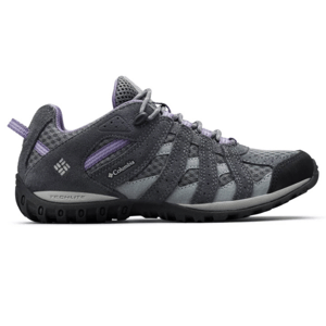 Columbia athletic hiking shoe in gray and purple, featuring a rugged sole and breathable mesh design with Techlite technology for comfort and support.