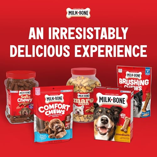 Milk-Bone offers various dog treats including Soft & Chewy, Comfort Chews, Maro Snacks, and Brushing Chews, designed to provide a delicious experience for pets.