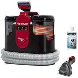 Kenmore Spotlite GO portable carpet cleaner set includes a cleaning machine, hose, cleaning solution, and nozzle attachment, designed for deep cleaning and pet stain removal.