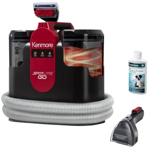 Kenmore Spotlite GO portable carpet cleaner set includes a cleaning machine, hose, cleaning solution, and nozzle attachment, designed for deep cleaning and pet stain removal.