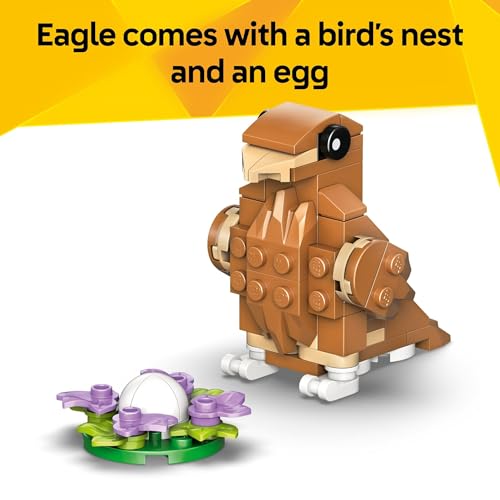 LEGO set features a buildable eagle with a bird's nest and an egg, showcasing a simple and creative construction.
