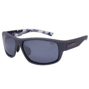 Fintech Walleye Polarized Sunglasses feature a sleek black frame with a subtle camo pattern on the inner arms and dark polarized lenses for glare reduction.