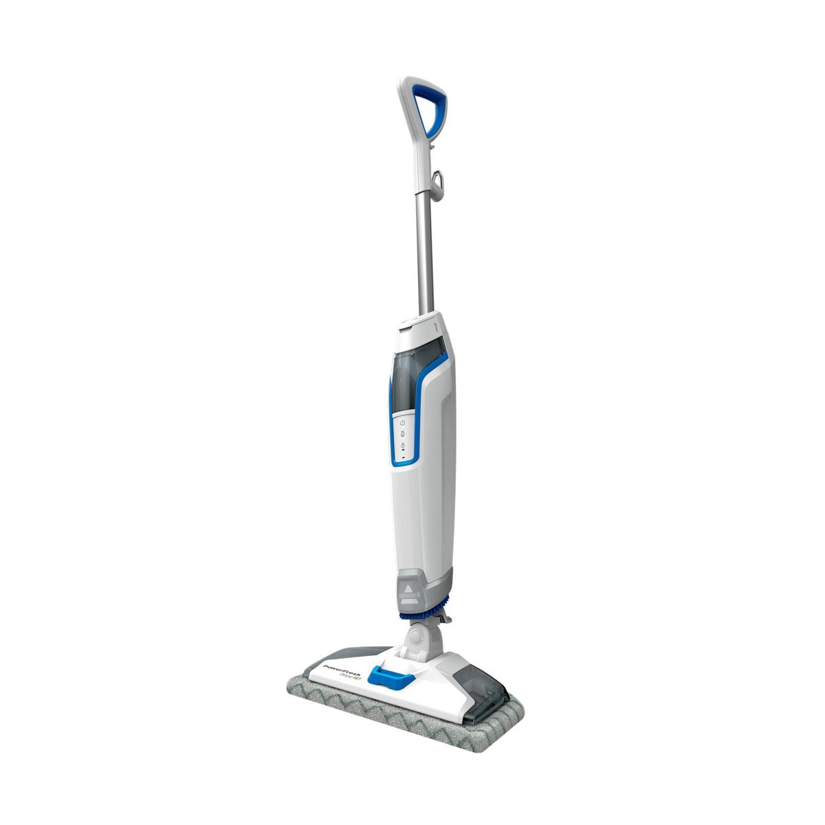 Bissell PowerFresh Deluxe Steam Mop is a white steam mop with a handle featuring a blue accent, built-in water tank, and a scrubber for cleaning floors.