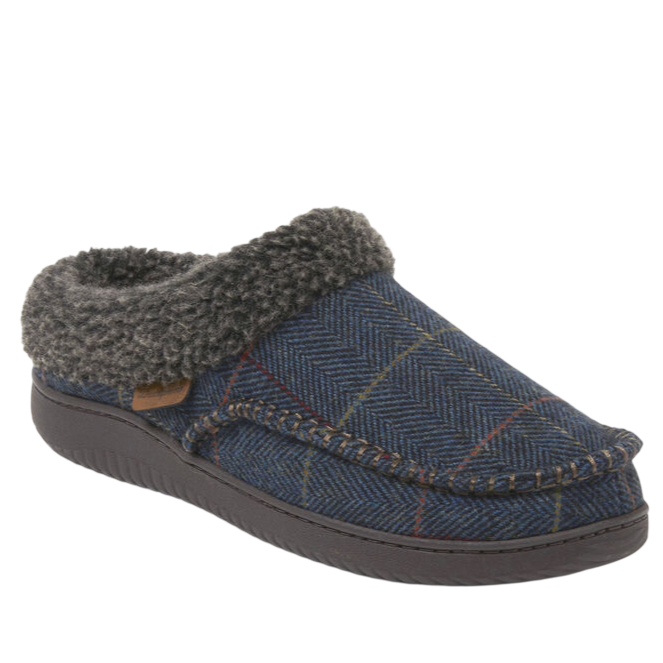 A slipper featuring a blue herringbone pattern with subtle colored stripes, a gray fleece cuff, and a textured sole.