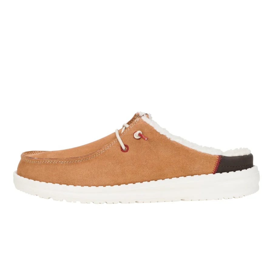 Tan suede slip-on mule with white faux fur lining, moccasin-style stitching, and white rubber sole.