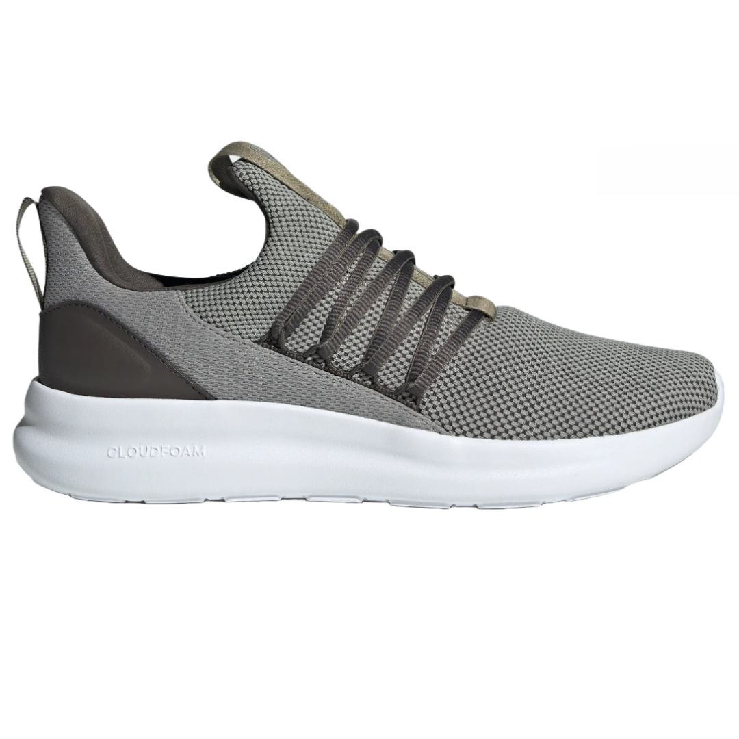 Adidas Lite Racer Adapt 7.0 Shoes feature a sleek, slip-on design with a gray mesh upper, dark brown accents, and elastic bungee laces on a white Cloudfoam sole for comfort.