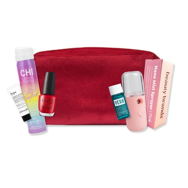 The Beauty Brands Galentine's Bundle includes a CHI Vibes Better Together spray, OPI nail polish, Philosophy moisturizer, Verb hair product, a nano mist sprayer, and a red cosmetic bag.