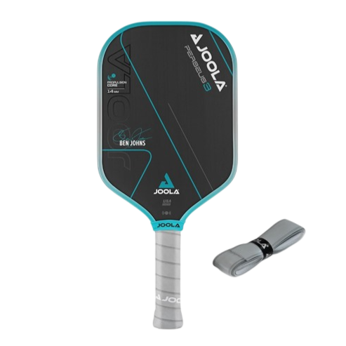 A JOOLA pickleball paddle with a signature design labeled \“Ben Johns\“ alongside a gray grip tape.