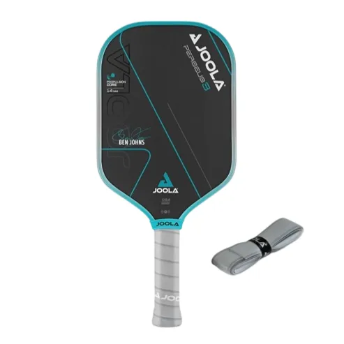 A JOOLA pickleball paddle with a signature design labeled \“Ben Johns\“ alongside a gray grip tape.
