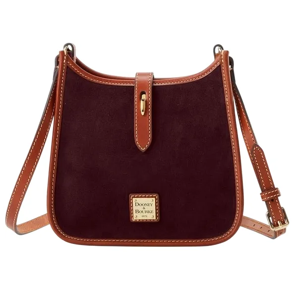 Burgundy crossbody bag with tan leather trim, gold hardware, and a Dooney & Bourke logo at the front. Features an adjustable strap and a top flap closure.