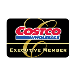 Costco Wholesale Executive Member card logo, featuring a black background with gold accents and the Costco logo in red and blue text.
