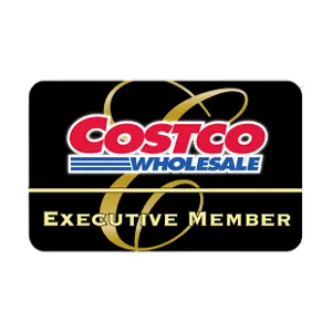 Costco Wholesale Executive Member card logo, featuring a black background with gold accents and the Costco logo in red and blue text.