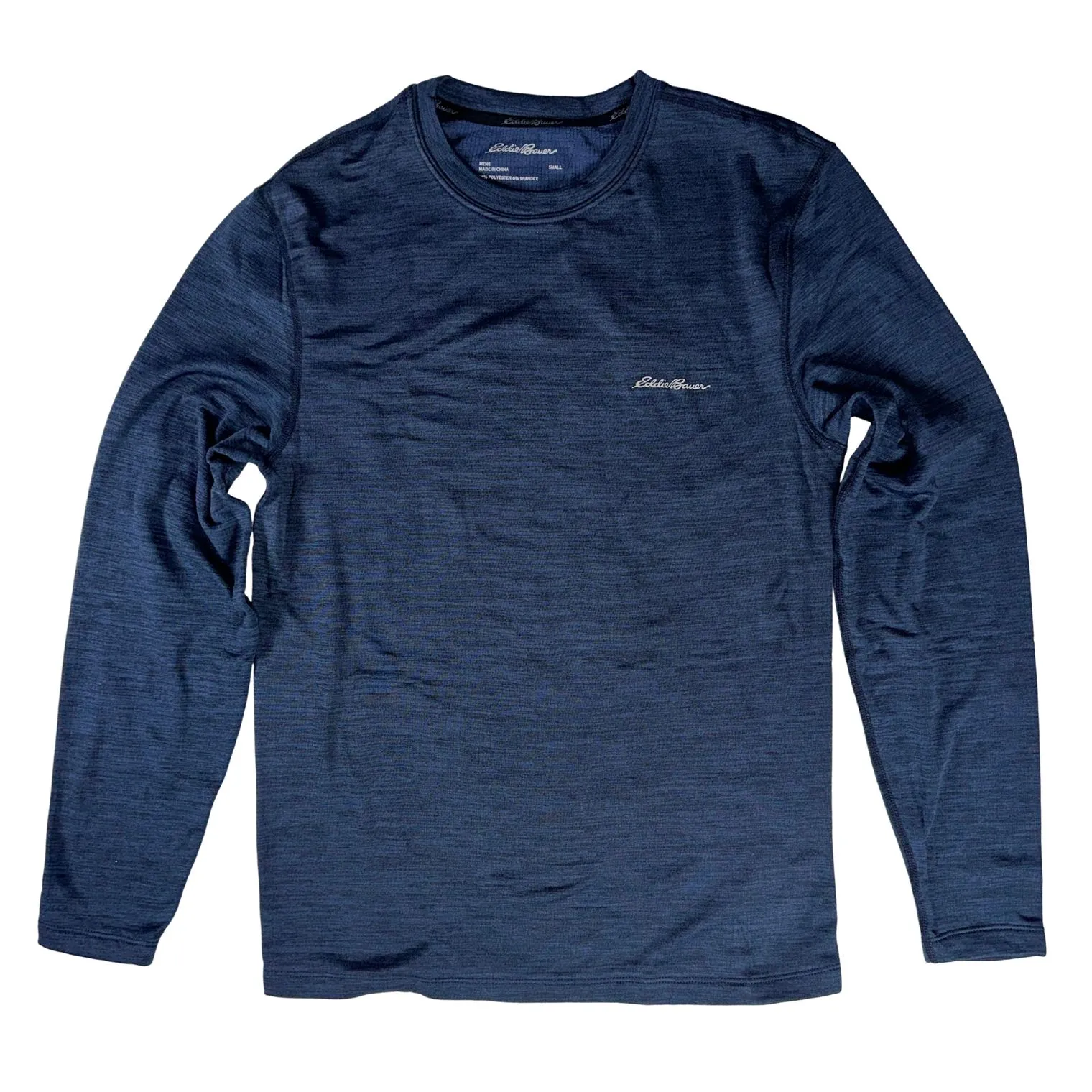 Blue long-sleeve crew neck shirt with subtle texture and small embroidered logo on the chest.